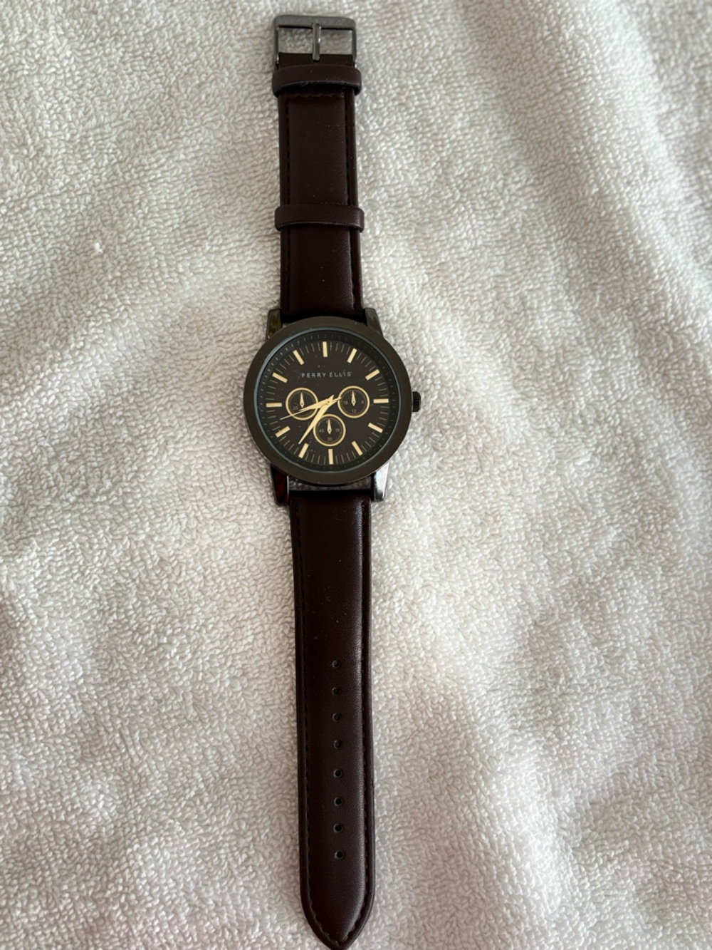 Perry Ellis Brown Leather Strap Watch with Black Dial